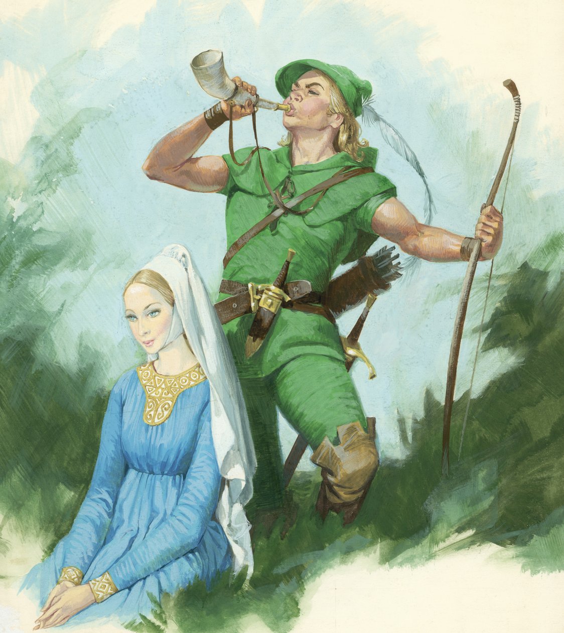 Robin Hood puhaltaa torvea (guassi paperille) tekijältä English School