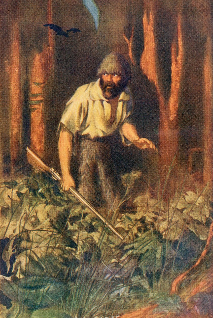 Robinson Crusoe yksin saarella, kuvitus Daniel Defoen teoksesta "Robinson Crusoe", julkaistu n. 1911 (värilitho) tekijältä English School