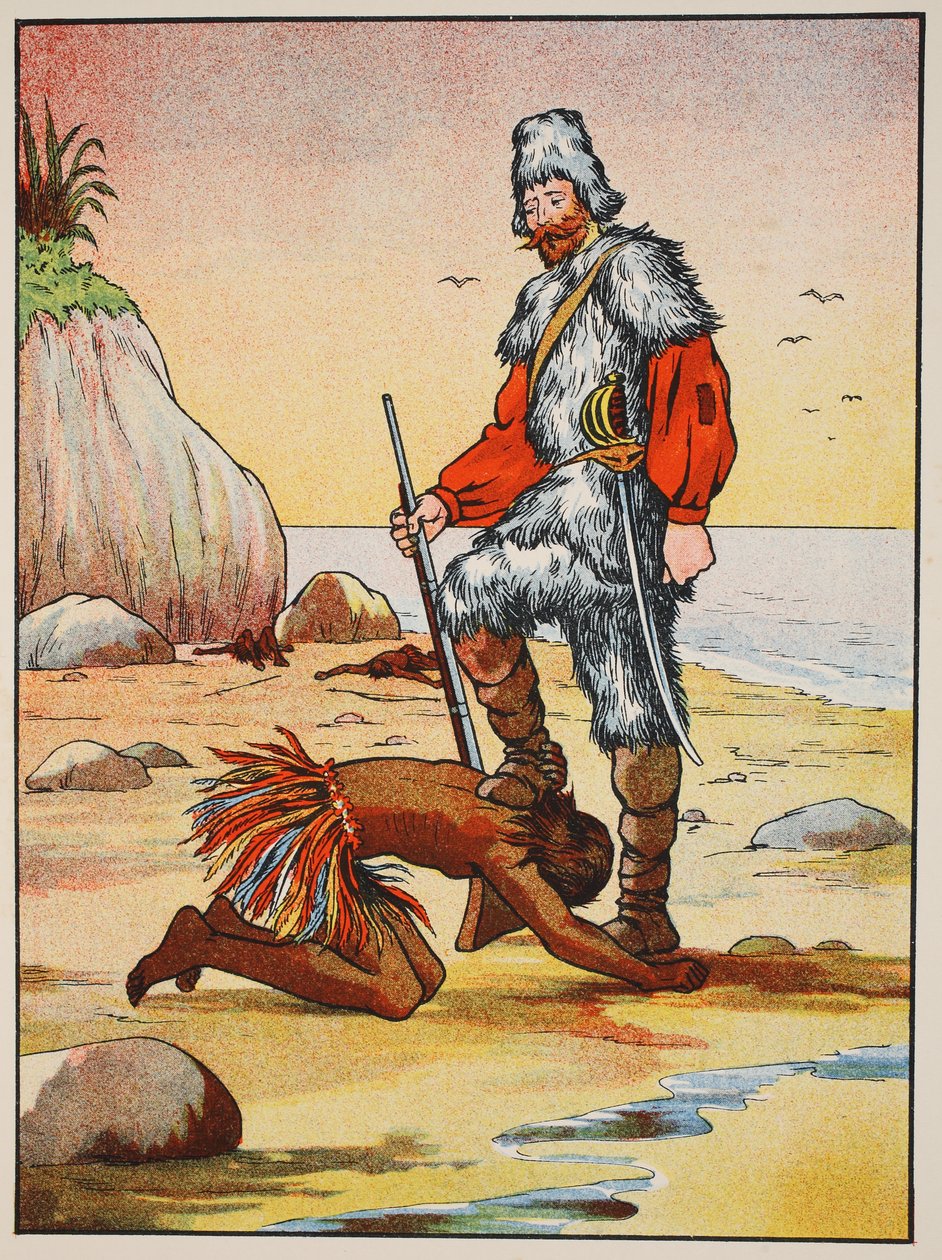 Robinson Crusoe ja Friday, kuvitus teoksesta The Story of Robinson Crusoe: Mukautus lapsille, jotka seuraavat Defoesin kieltä, pub. kirjoittanut Griffith Farran Browne & Co. Limited, Lontoo tekijältä English School