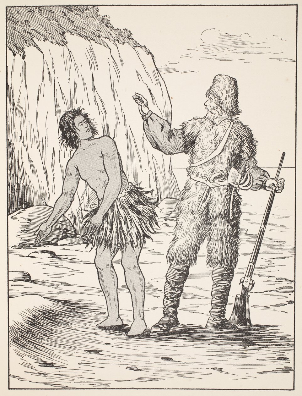 Robinson Crusoe ja Friday, kuvitus teoksesta The Story of Robinson Crusoe: Mukautus lapsille, jotka seuraavat Defoesin kieltä, pub. kirjoittanut Griffith Farran Browne & Co. Limited, Lontoo tekijältä English School