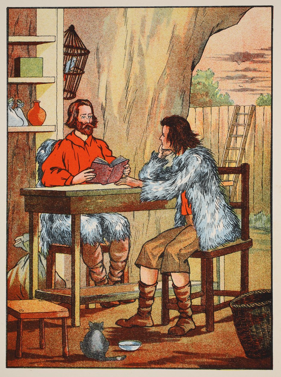 Robinson Crusoe ja Friday, kuvitus teoksesta The Story of Robinson Crusoe: Mukautus lapsille, jotka seuraavat Defoesin kieltä, pub. kirjoittanut Griffith Farran Browne & Co. Limited, Lontoo tekijältä English School