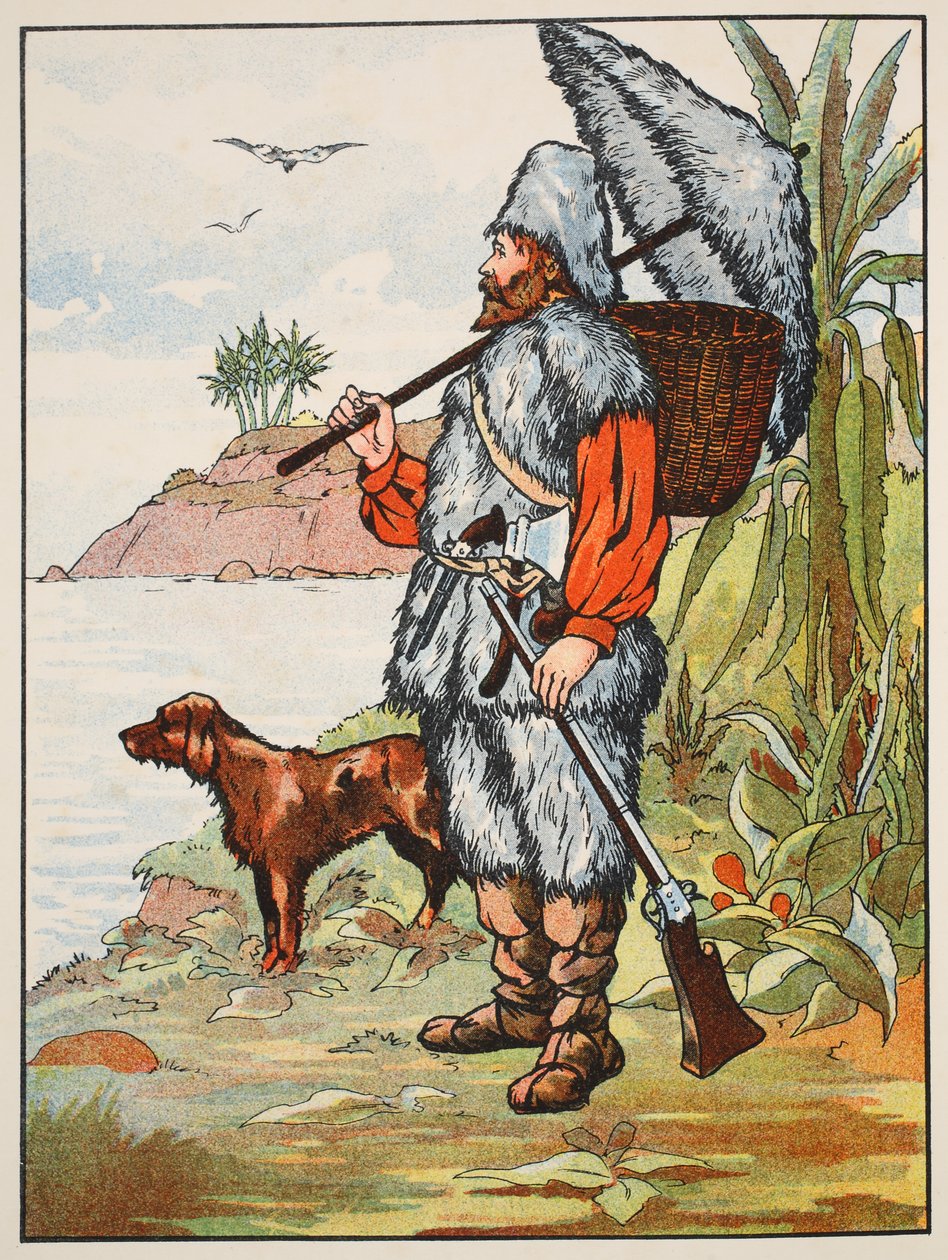 Robinson Crusoe, kuvitus teoksesta The Story of Robinson Crusoe: Mukautus lapsille, jotka seuraavat Defoesin kieltä, pub. kirjoittanut Griffith Farran Browne & Co. Limited, Lontoo tekijältä English School