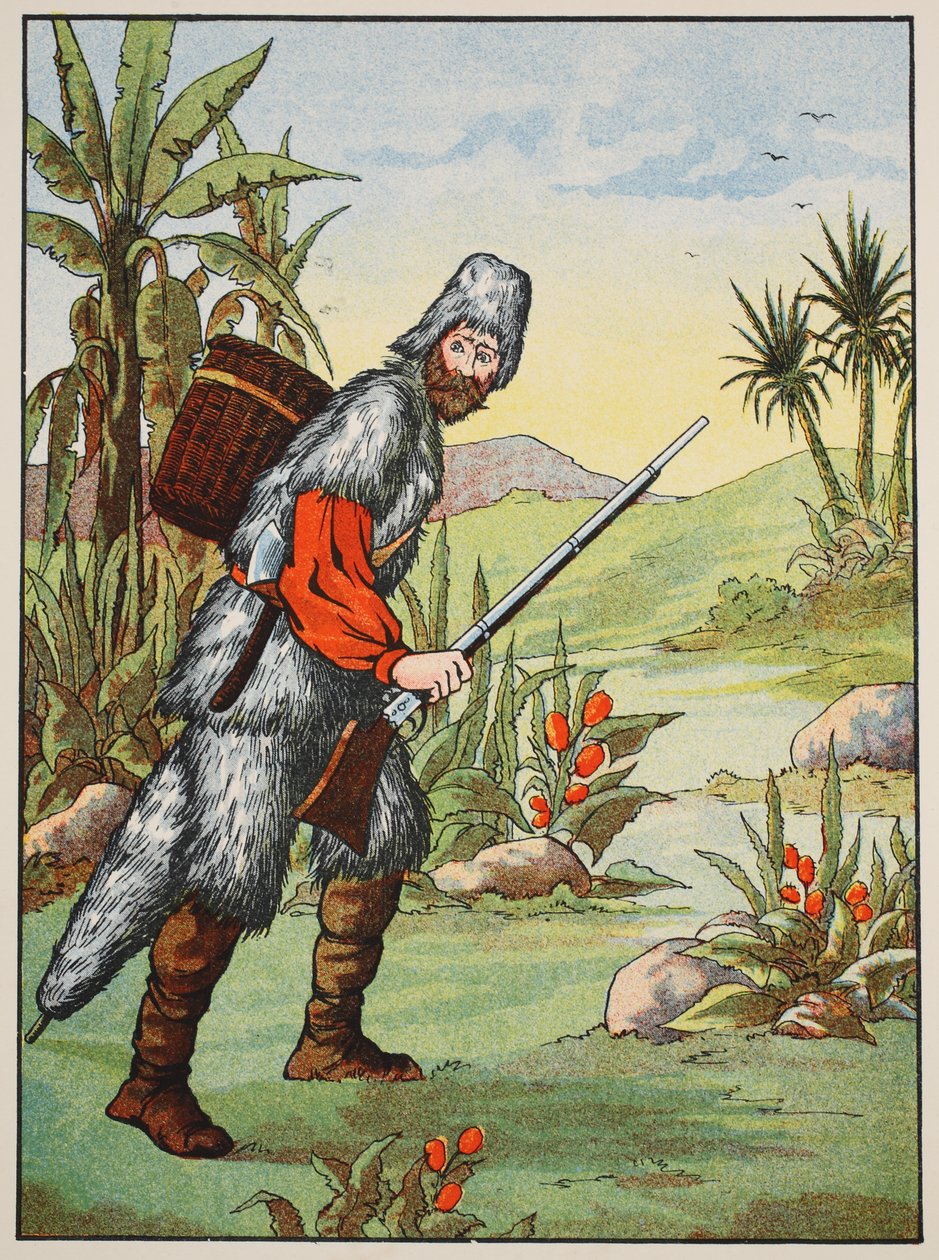 Robinson Crusoe, kuvitus teoksesta The Story of Robinson Crusoe: Mukautus lapsille, jotka seuraavat Defoesin kieltä, pub. kirjoittanut Griffith Farran Browne & Co. Limited, Lontoo tekijältä English School