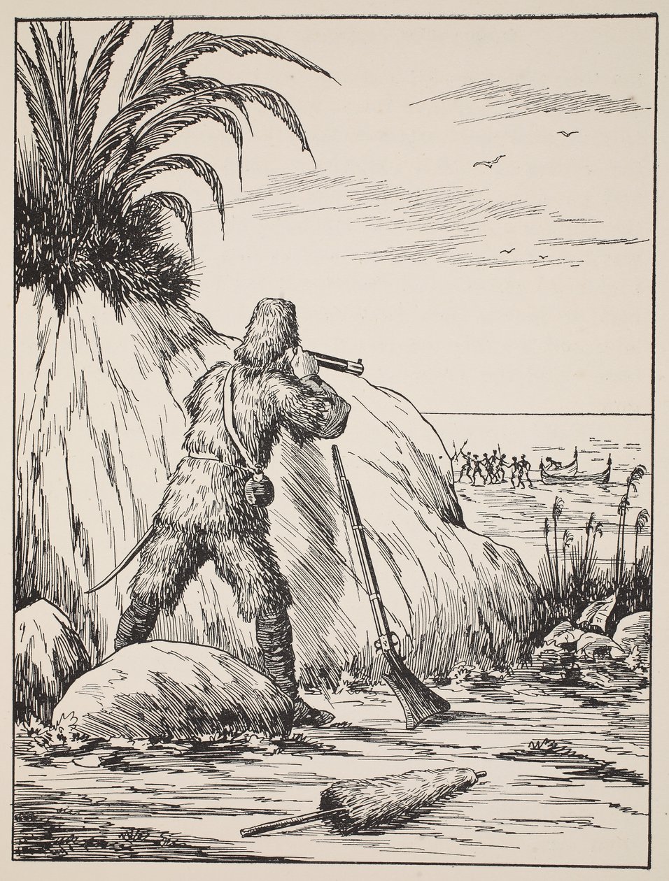 Robinson Crusoe, kuvitus teoksesta The Story of Robinson Crusoe: Mukautus lapsille, jotka seuraavat Defoesin kieltä, pub. kirjoittanut Griffith Farran Browne & Co. Limited, Lontoo tekijältä English School