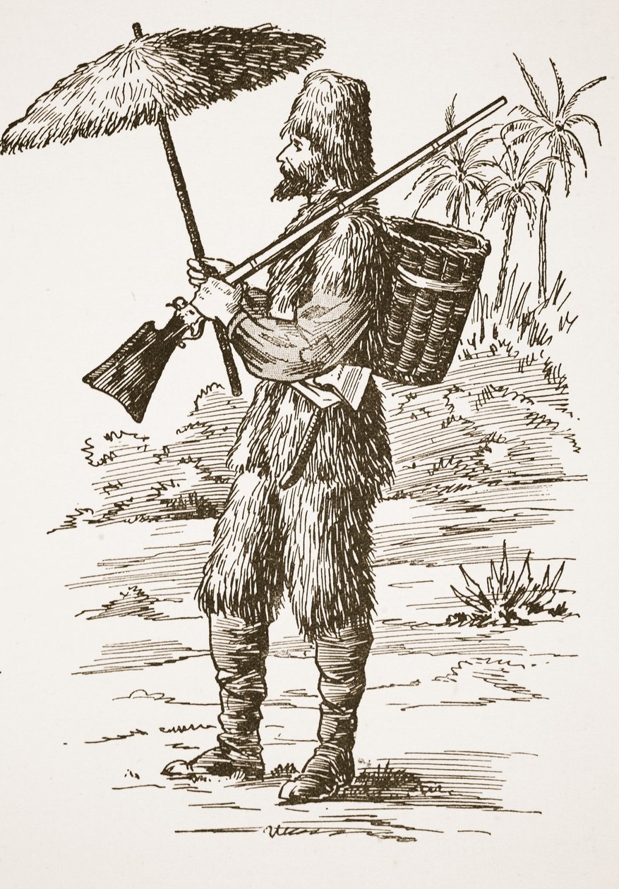 Robinson Crusoe, kuvitus teoksesta The Story of Robinson Crusoe: Mukautus lapsille, jotka seuraavat Defoesin kieltä, pub. kirjoittanut Griffith Farran Browne & Co. Limited, Lontoo tekijältä English School