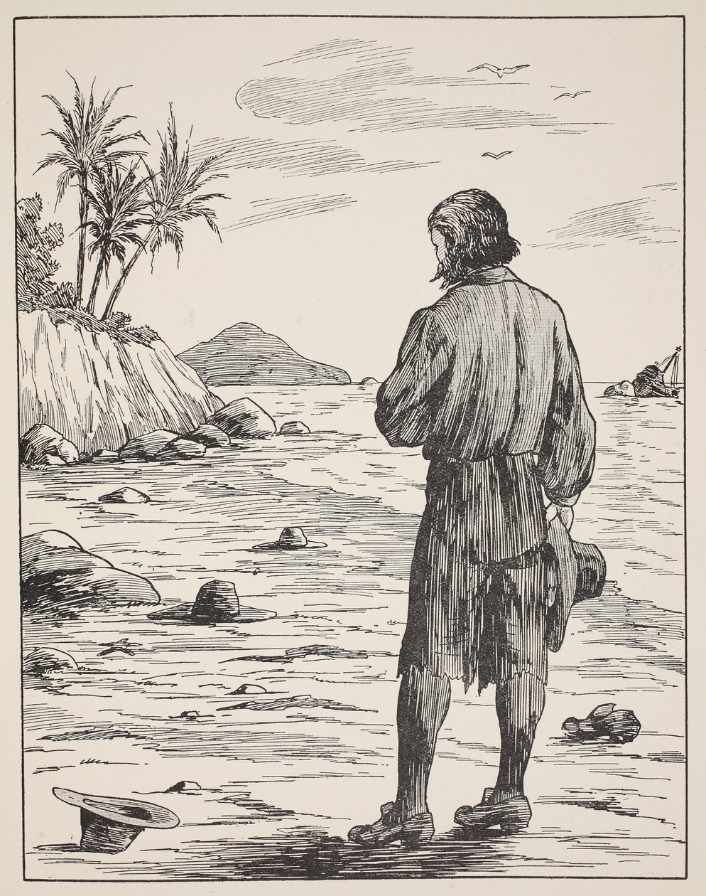 Robinson Crusoe saarellaan, kuvitus teoksesta The Story of Robinson Crusoe: Mukautus lapsille, jotka seuraavat Defoesin kieltä, pub. kirjoittanut Griffith Farran Browne & Co. Limited, Lontoo tekijältä English School