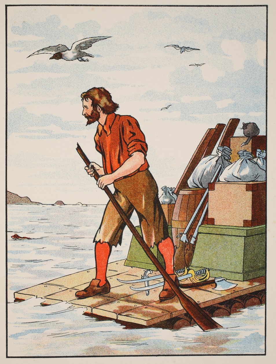 Robinson Crusoe lautallaan, kuvitus teoksesta The Story of Robinson Crusoe: Mukautus lapsille, jotka seuraavat Defoesin kieltä, pub. kirjoittanut Griffith Farran Browne & Co. Limited, Lontoo tekijältä English School