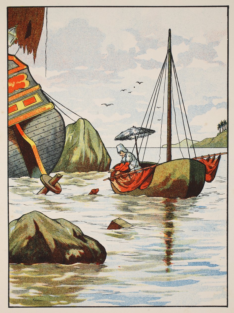 Robinson Crusoe pelastamassa koiraa espanjalaisesta haaksirikosta, kuvitus elokuvasta The Story of Robinson Crusoe: Mukautus lapsille, jotka seuraavat Defoesin kieltä, pub. kirjoittanut Griffith Farran Browne & Co. Limi tekijältä English School
