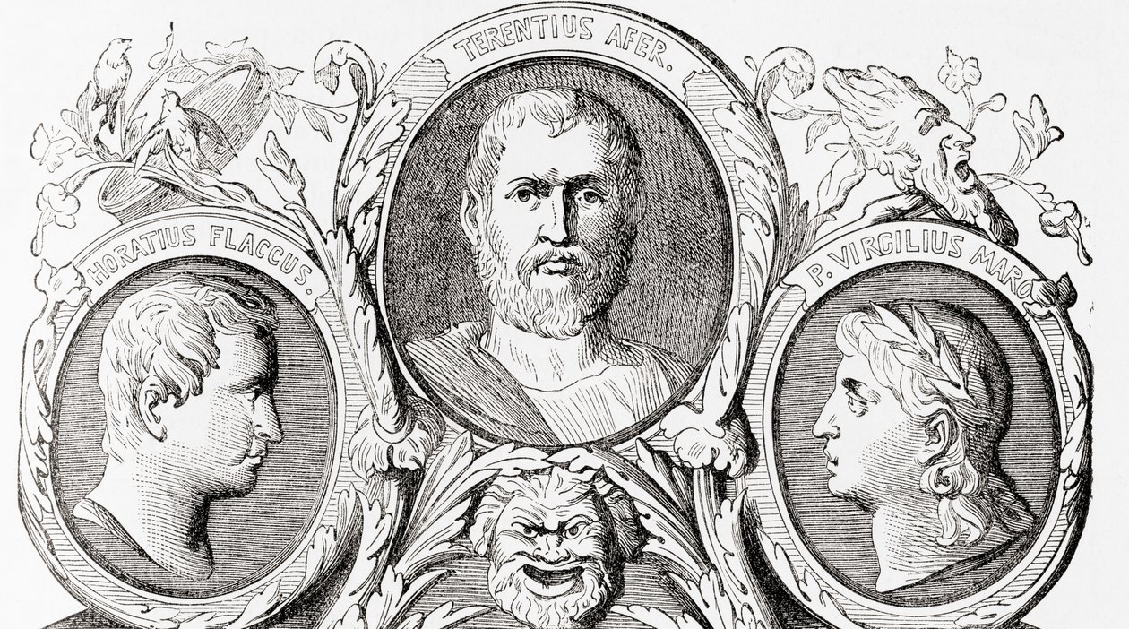 Roomalaiset kirjailijat, vasemmalta oikealle, Horace, Terence ja Vergil, Wardin ja Lockin kuvitetusta maailmanhistoriasta, pub. noin 1882 tekijältä English School