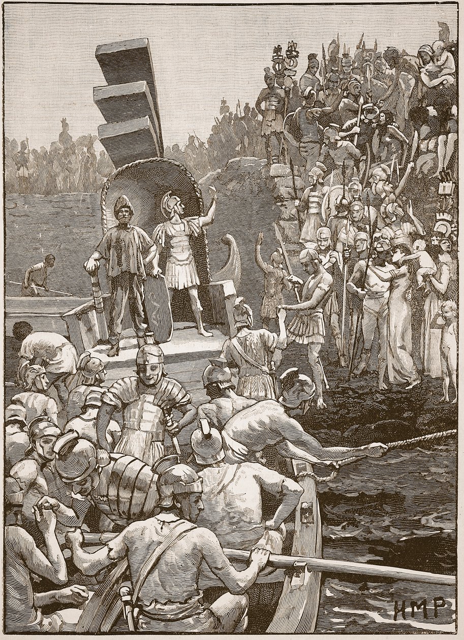 Roomalaiset sotilaat lähtevät Britanniasta, kuvitus Cassells Illustrated History of Englandista (seepiakuva) tekijältä English School