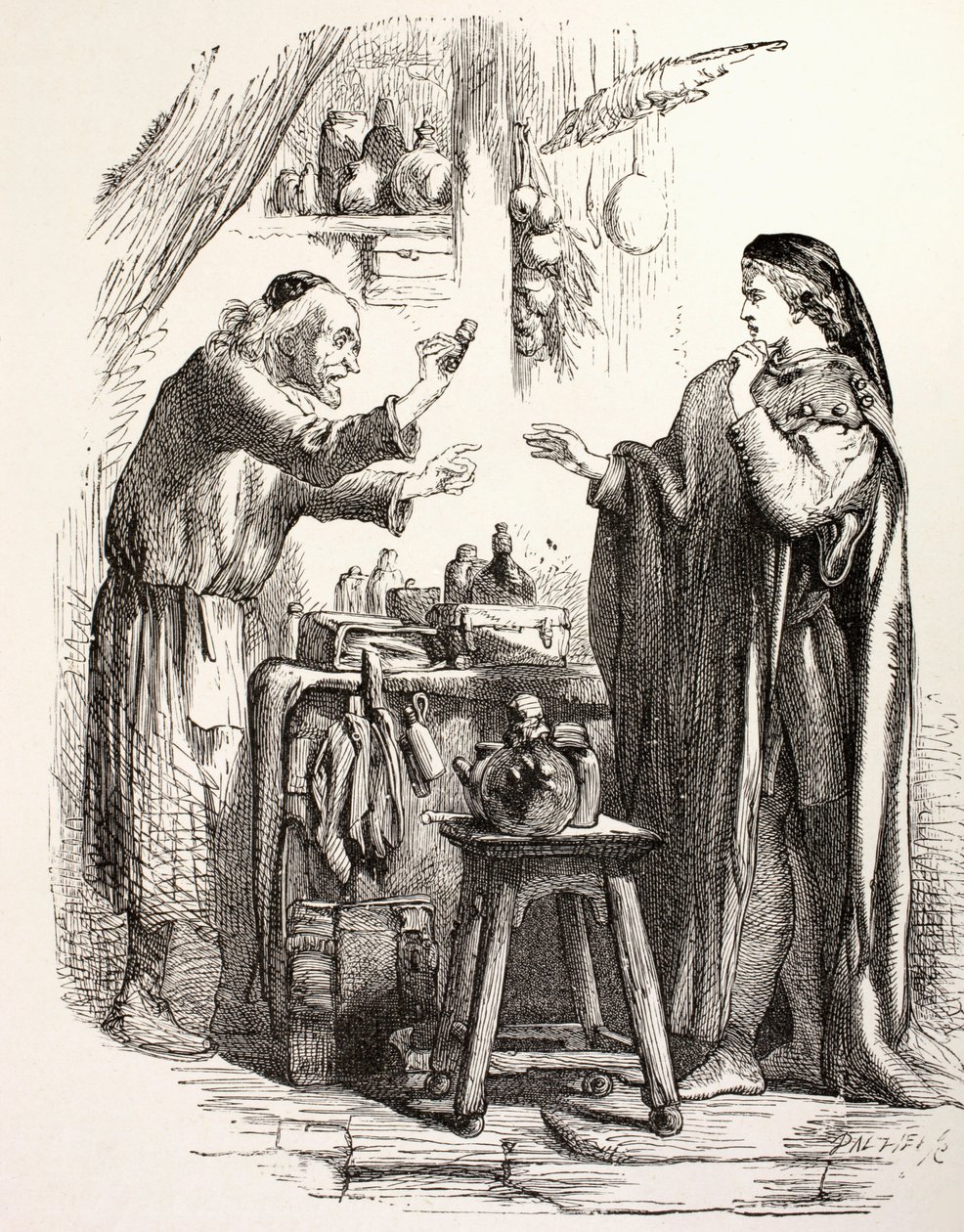 Romeo ostaa myrkkyä apteekista, kuvituksen Romeo ja Julia, "The Illustrated Library Shakespeare", julkaistu Lontoossa 1890 (litho) tekijältä English School