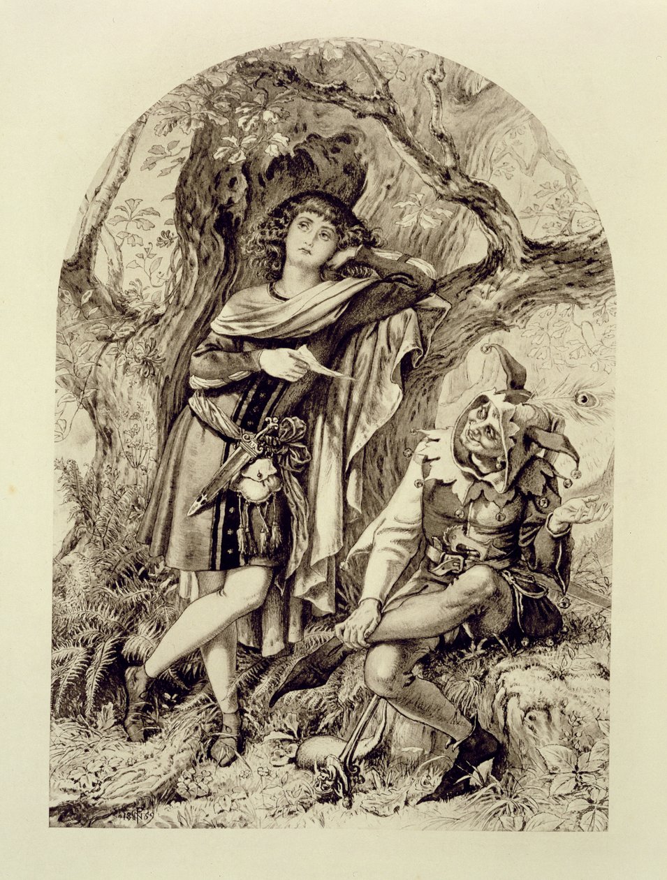 Rosalind ja Touchstone, näytös III, kohtaus 2, kuten haluat, William Shakespeare (1564-1616) tekijältä English School