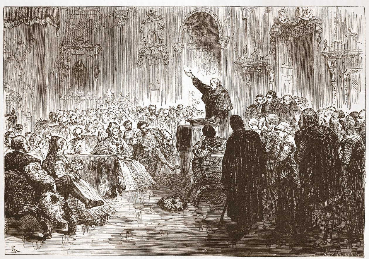 Roussel saarnaa Louvressa, kuvitus James Aitken Wylien (1808-1890) Protestantismin historiasta, pub. 1878 tekijältä English School