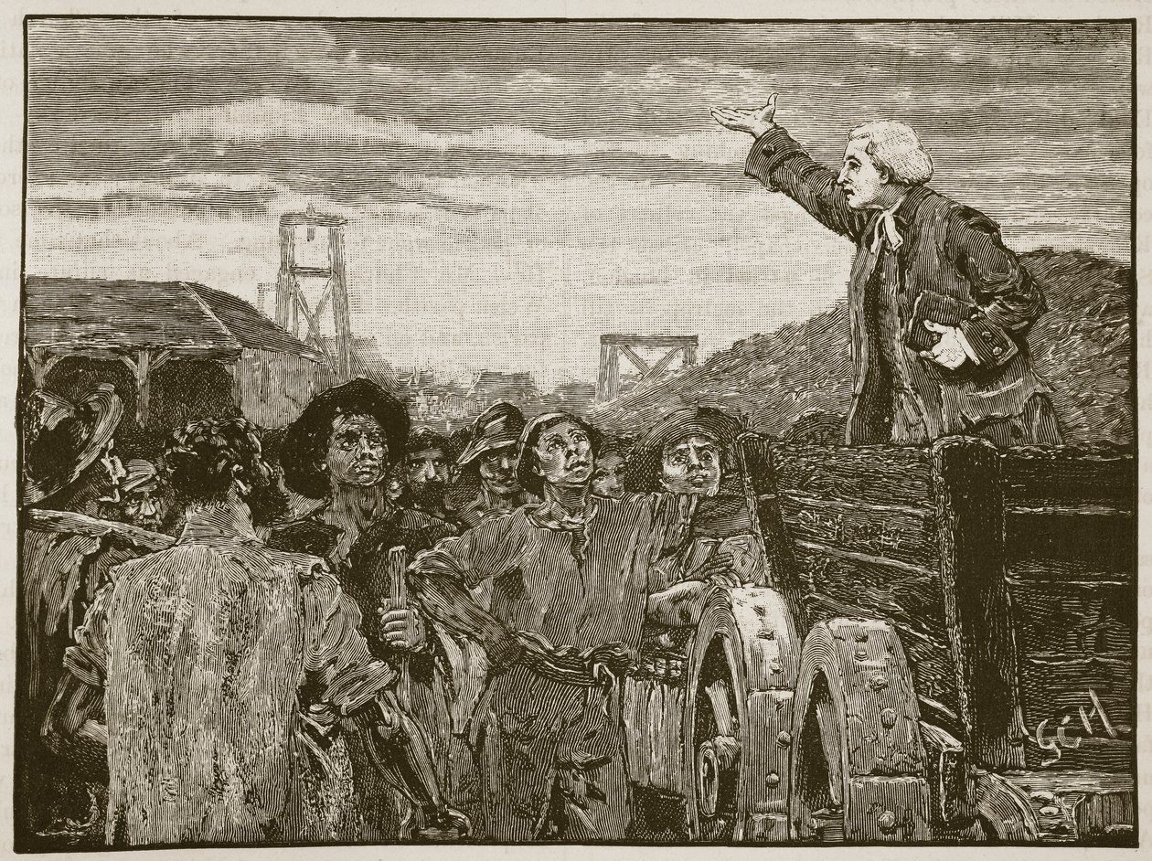 Rowland Hill saarnaa Kingswoodin kaivoille, kuvitus Cassells Illustrated History of Englandista (seepiakuva) tekijältä English School