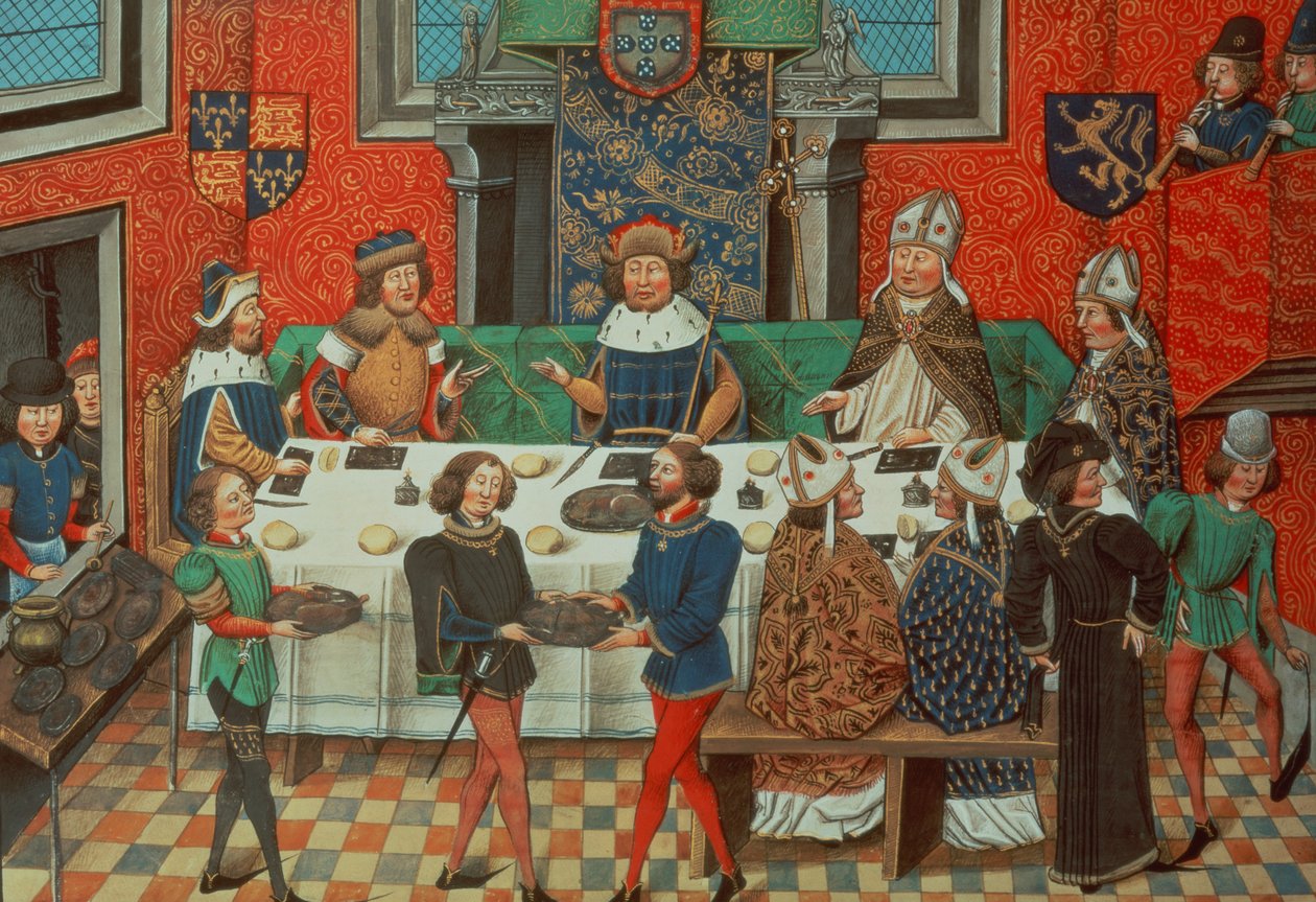 Roy 14 E IV f.244v Lancasterin herttua ruokailee Portugalin kuninkaan kanssa, osasta Vol. III "Richard II:n kruunauksesta vuoteen 1387", Jean de Batard Wavrin tekijältä English School
