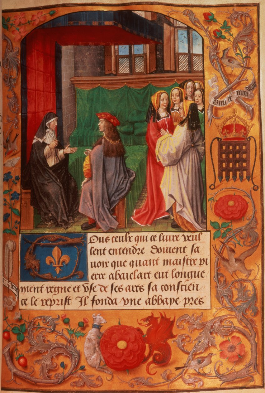 Roy 16 F II f.137 Abbess ja hänen oppilaansa kuuntelemassa naisjoukon ympäröimänä, kirjasta "Letters of Abbess Heloise", n. 1500 (vellum) tekijältä English School