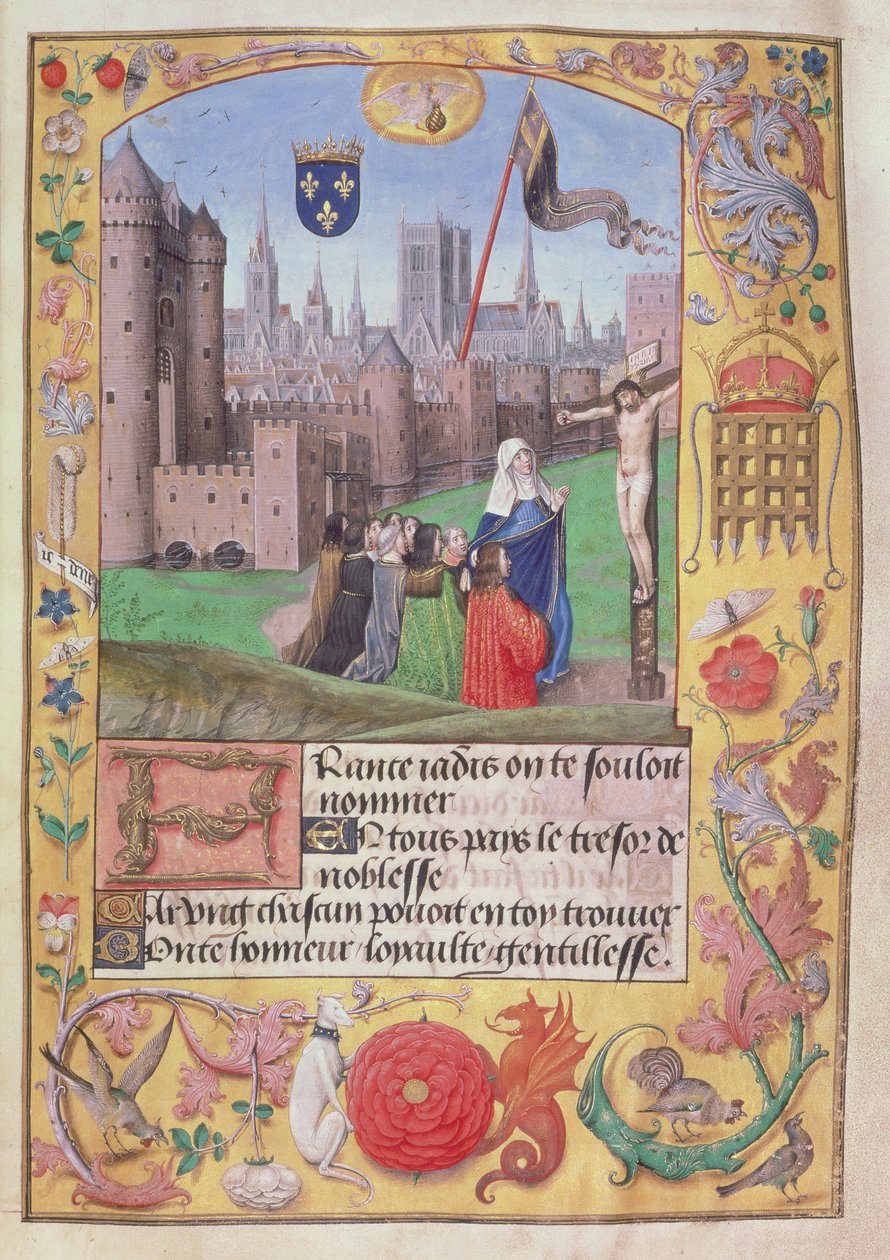 Roy 16 F II f.89 Notre Dame, Pariisi, jossa kädet empaloituina, alla oleva Neitsyt suojelee yhdeksää hahmoa polvistumassa ennen ristiinnaulitsemista, Orleansin herttuan Charlesin runoista, n. 1500 (vellum) tekijältä English School