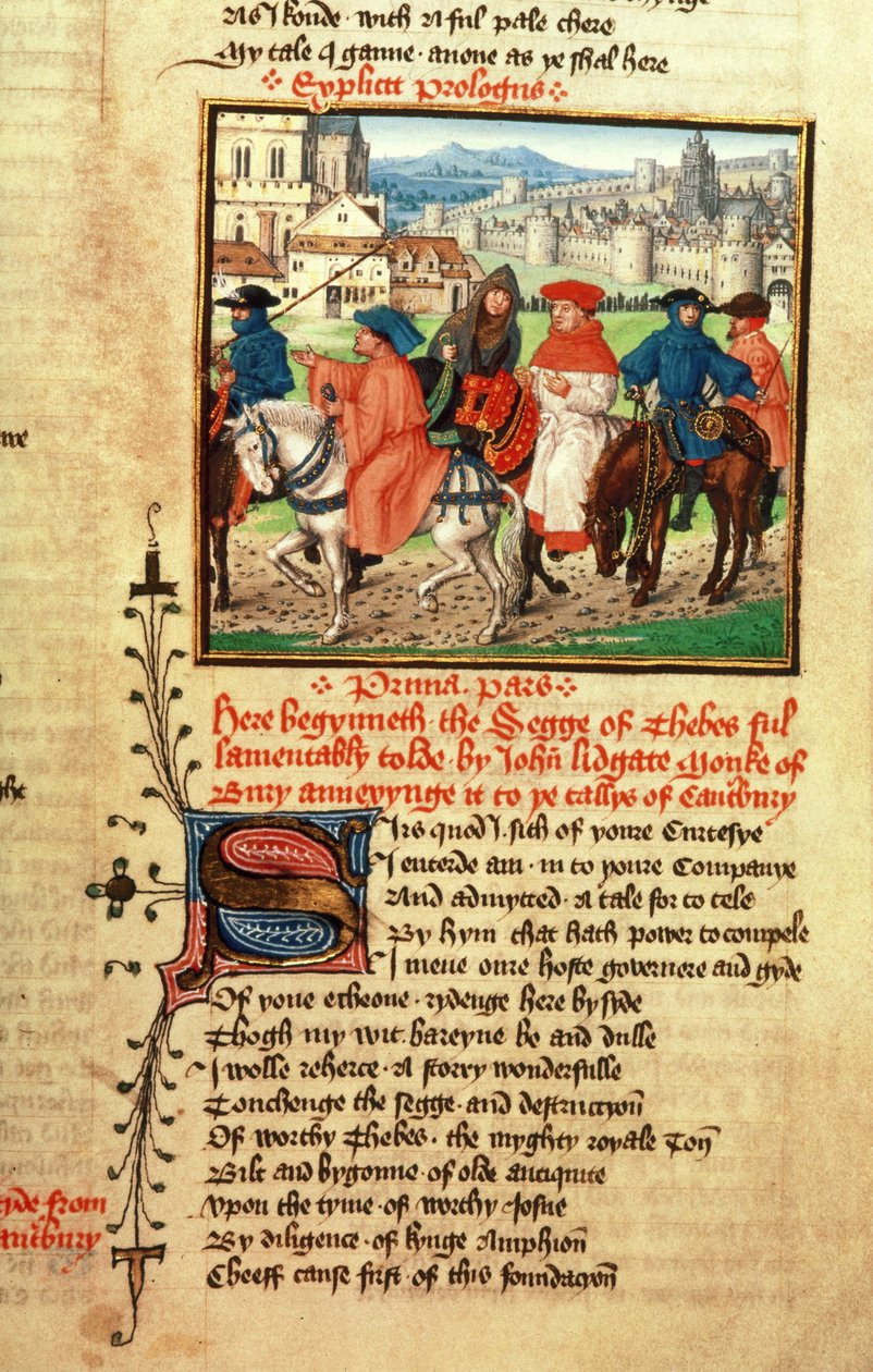 Roy 18 D 11 f.148 Lydgate ja Canterburyn pyhiinvaeltajat lähtevät Canterburystä John Lydgaten (n. 1370-n. 1451) "Troy Book and the Siege of Thebes" -teoksesta 1412-22 (vellum) tekijältä English School
