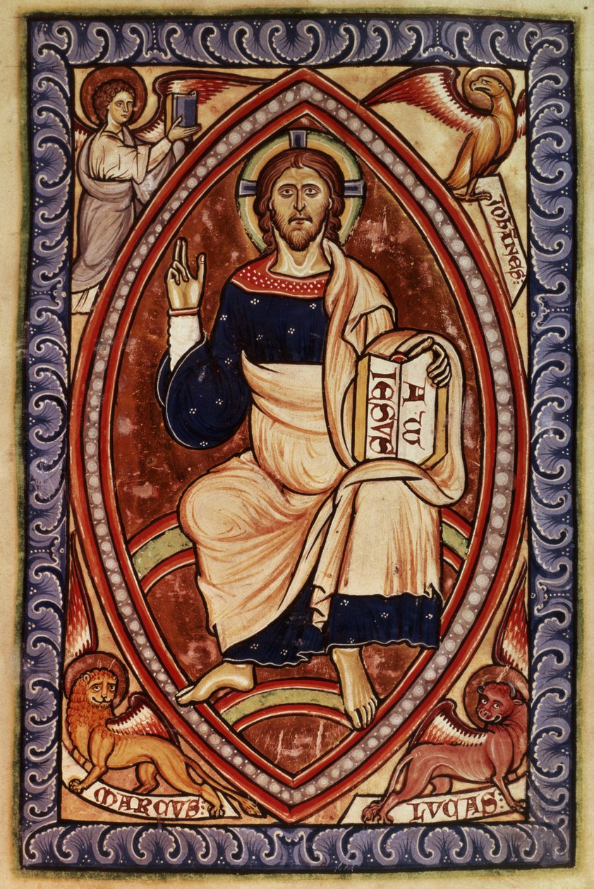 Roy 2 A XXII f.14 Kristus Majesteetissa evankelistien symboleilla, Westminster Psalter, n. 1250 (vellum) tekijältä English School