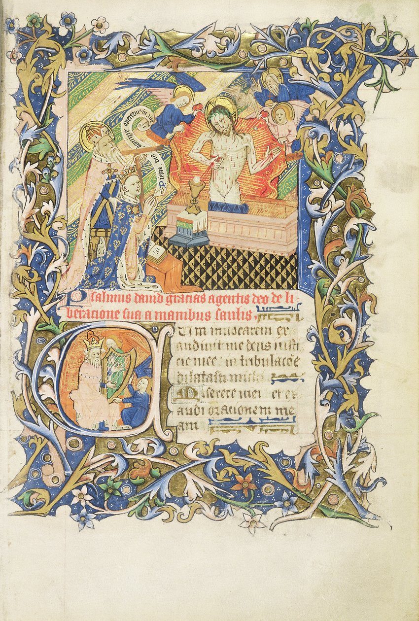 Roy 2 B I f.8 Kruunattu hahmo, jota tukee harmaapartainen pyhimys, joka polvistuu Pityn kuvan edessä, Psalter of Humphrey Duke of Gloucester, n. 1420-30 (vellum) tekijältä English School