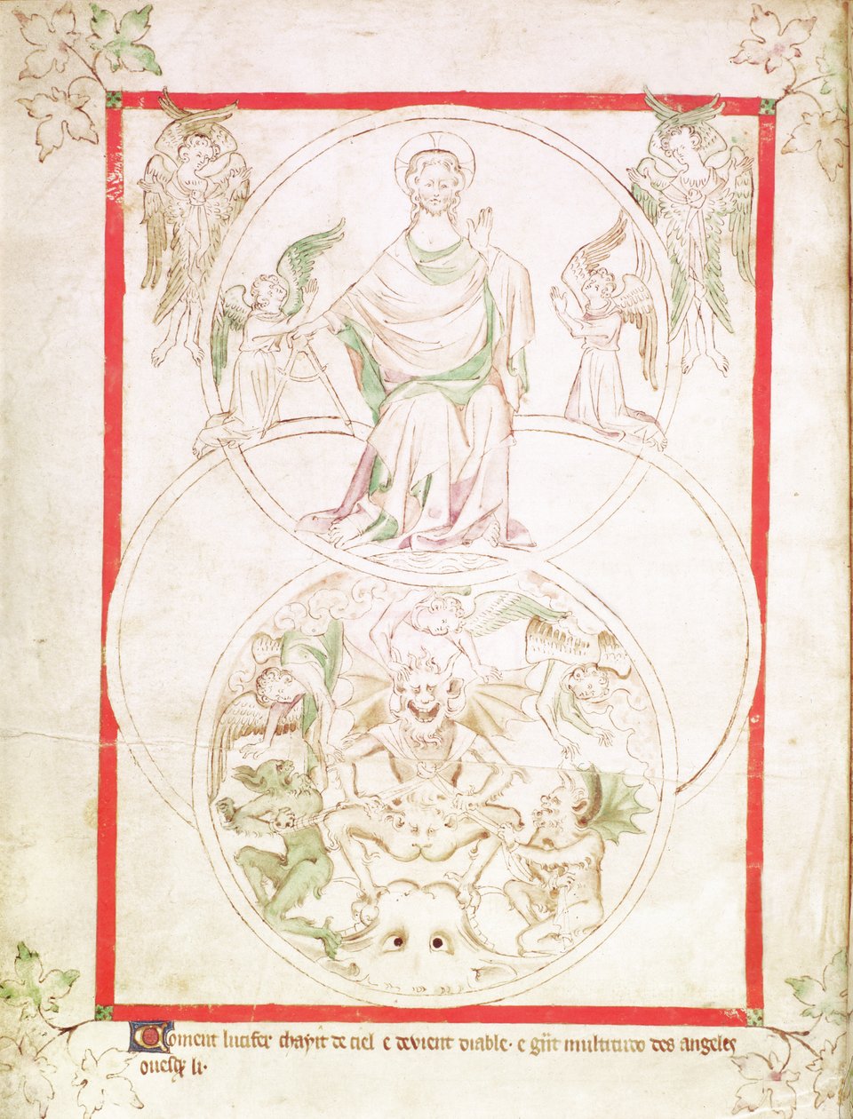 Roy 2 B VII f.1v La caiguda de Llucifer, del Saltiri de la Reina Maria, c.1310-20 (vellum)finès tekijältä English School