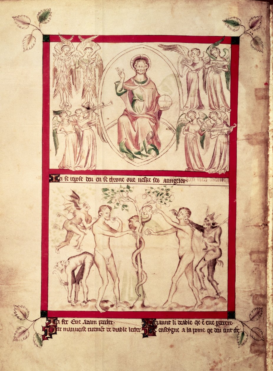 Roy 2 B VII f.3v Jumala mandorlassa muusikkoenkelien ympäröimänä, Eevan kiusaus, Queen Mary Psalter, n.1310-20 (vellum) tekijältä English School