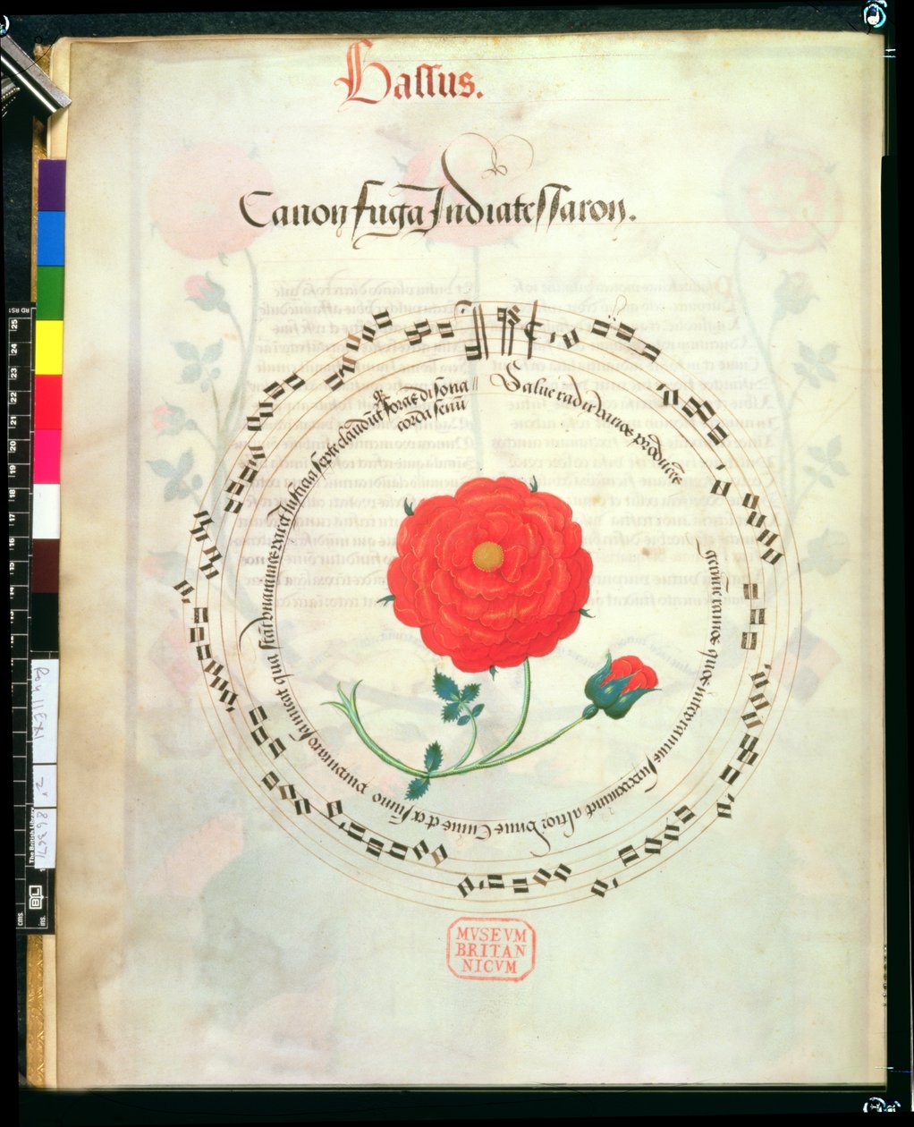 Roy II E XI f.2v Canon, pyöreät sauvat ja ruusu keskellä, Richard Sampsonin Motetsilta (vellum) tekijältä English School