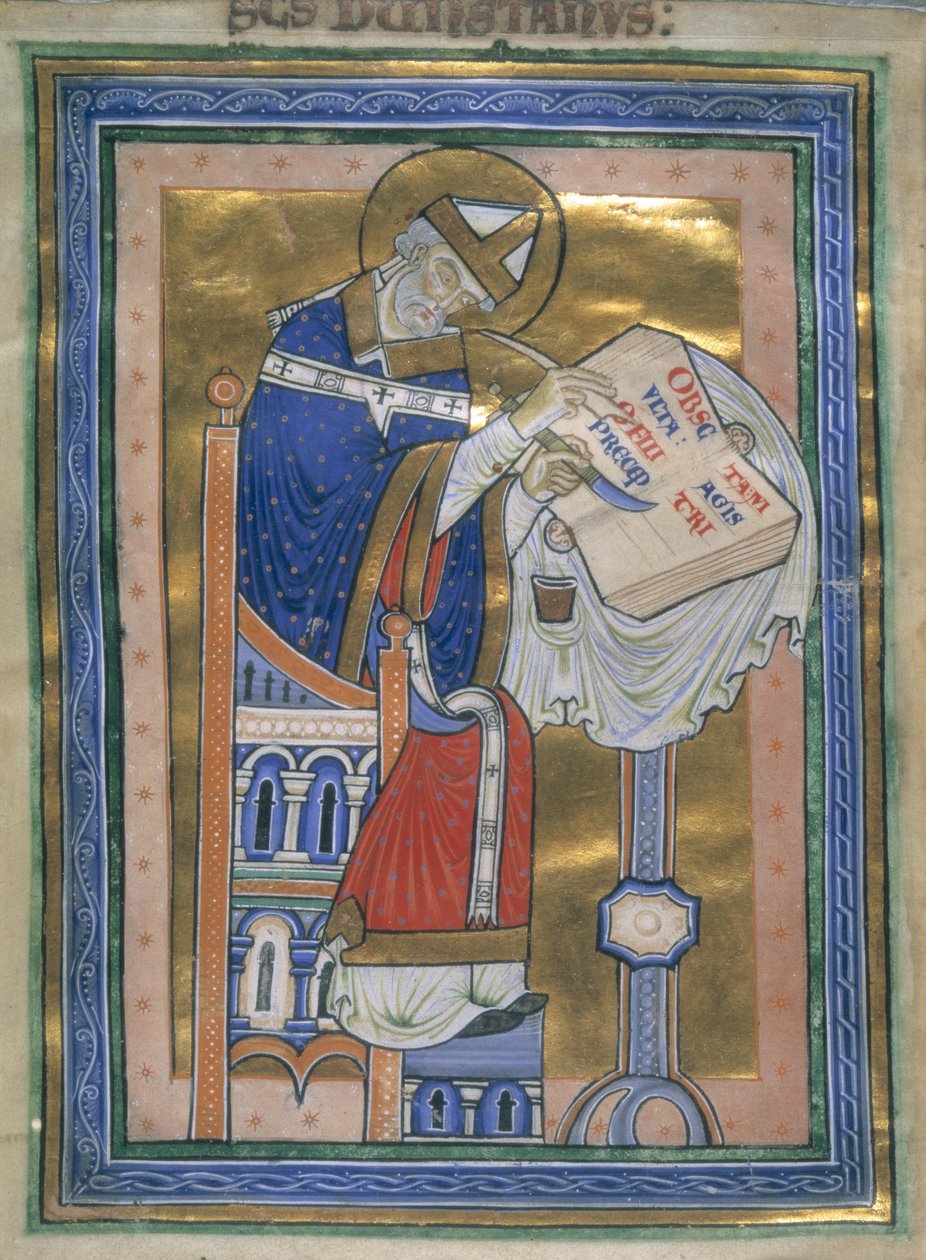 Kuninkaallinen 10 A. XIII, f.2v Dunstan kirjoittaa Benedictine Rule -sääntöä, kuva julkaisusta "Commentary on the Rule of St. Benedict", n. 1170 (muste, väri ja kulta paperille) tekijältä English School