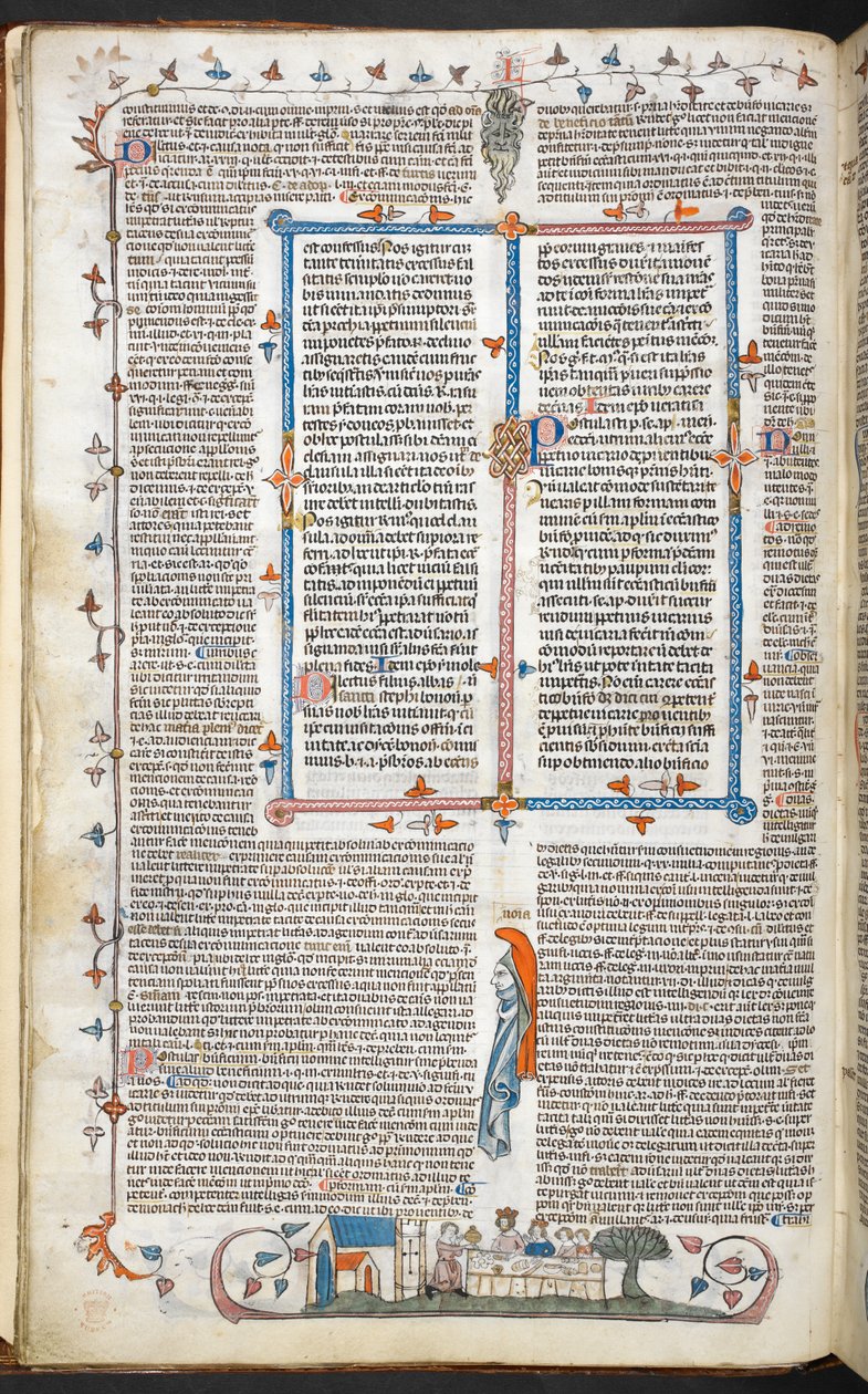 Royal 10 E. IV, f.250v Teksti marginaalikoristeella ja King Dining, kuvitus "Smithfield Decretals" (vellum) tekijältä English School