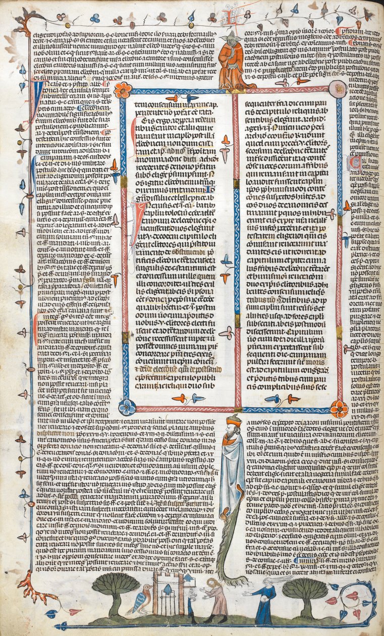 Royal 10 E. IV, f.30v, Teksti ja sivukohtaus miehestä ja naisesta rakennuksen ulkopuolella, elokuvasta "The Smithfield Decretals" (vellum) tekijältä English School