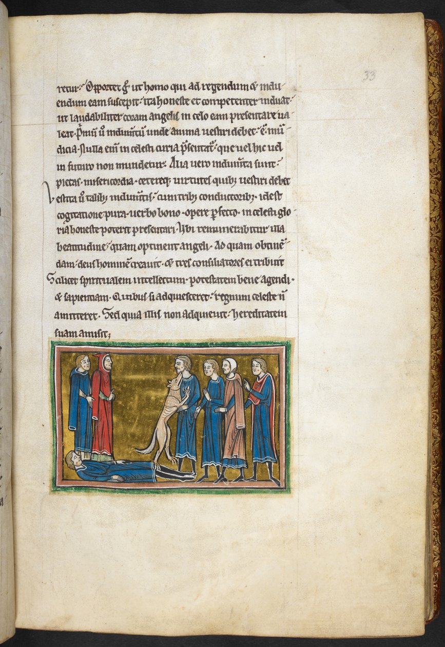 Royal 12 F.XIII, f.33 Koira tunnistaa murhaajan.  , Bestiarysta (ff. 3-141), Lapidarysta (ff. 141v-149)  , 1200-luvun toinen neljännes (vellum) tekijältä English School