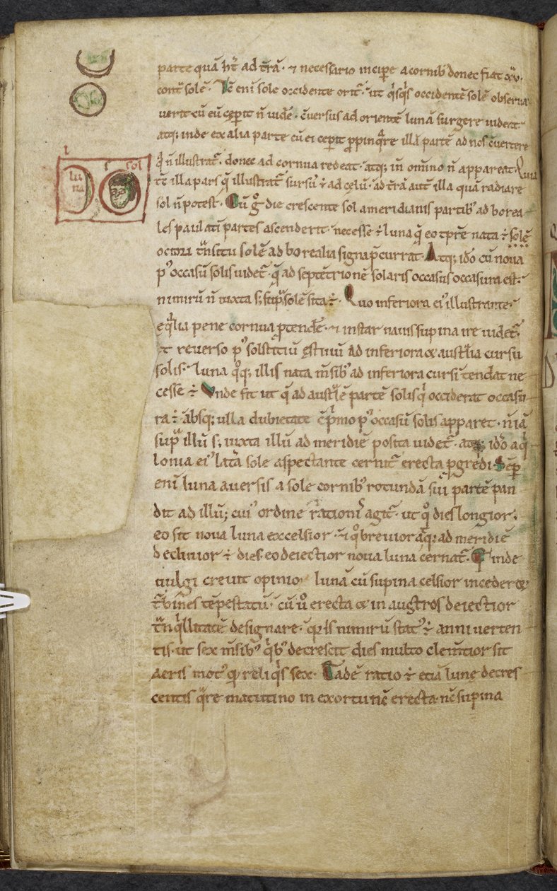 Kuninkaallinen 13. A.XI, f.55vReunapiirrokset Auringosta ja Kuusta.De temporum ratione.Bede Tietojenkäsittelyä ja tähtitiedettä koskevien teosten Kunnianarvoisa Mscellany.1000-1100-luku tekijältä English School