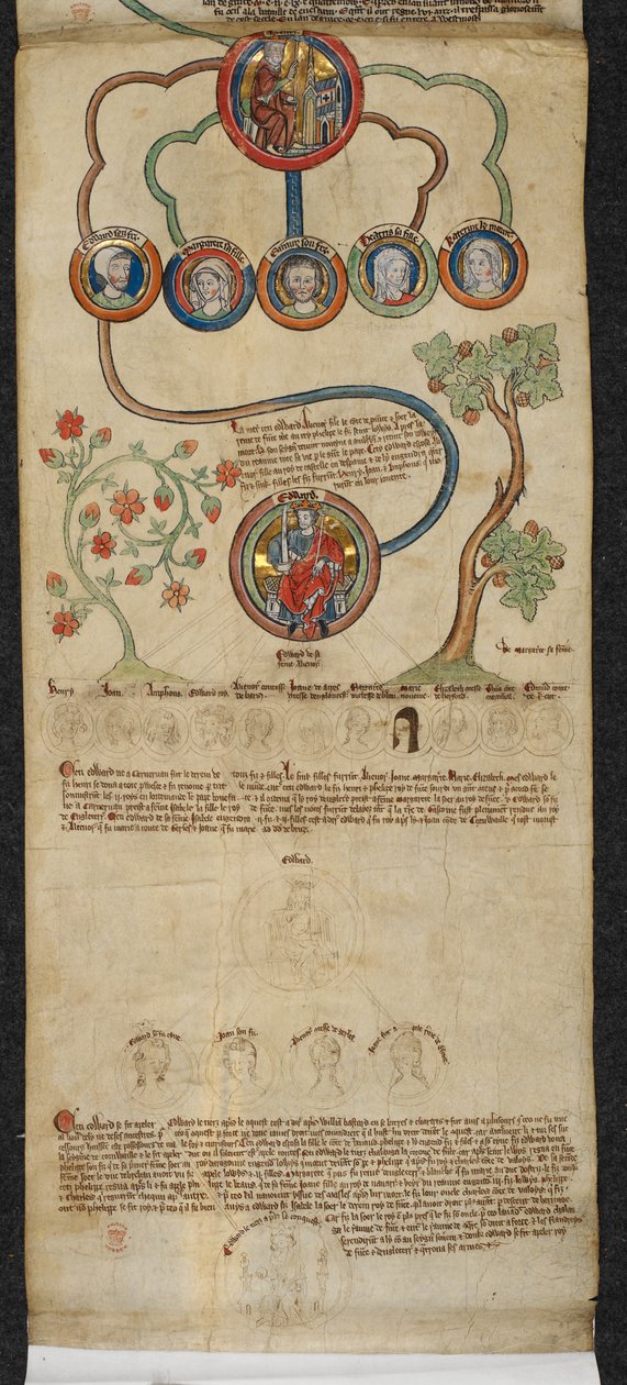 Kuninkaallinen 14 B. VI, kalvo 7 Kuninkaallinen sukuluettelo Henrik III:sta Edward I:seen, jatkeella eri kädessä Edward II:sta Edward III:aan, "Englannin kuninkaiden sukuluettelosta", n. 1300-1340 (muste) , väri ja kulta velumissa) tekijältä English School