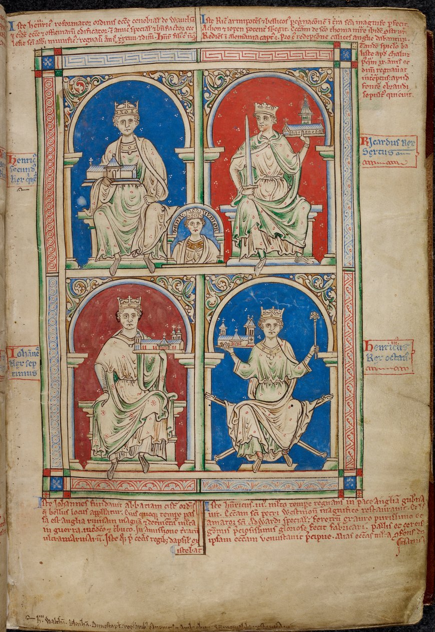Royal 14 C. VII, f.9 Englannin neljä kuningasta: Henrik II, Richard I, Johannes ja Henrik III Westminster Abbeyn kanssa, Historia Anglorumista tekijältä English School