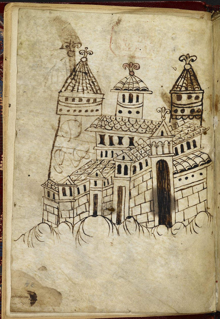 Kuninkaallinen 15 A. XVI romaaninen rakennus, jossa on kolme tornia (muste vellum) tekijältä English School