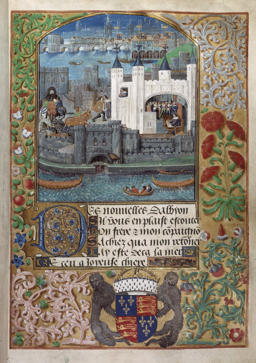 Royal 16 F. II, f.73 The Tower of London, London Bridge takana. Charles, Orleansin herttua, nähtiin kirjoittavan, seisovan ikkunalla ja lähettämässä kirjettä sisäpihalla tekijältä English School