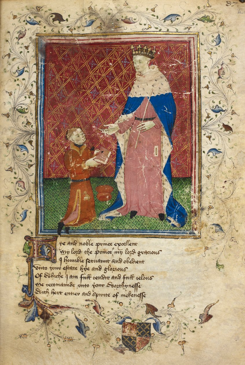 Royal 17 D. VI, f.40 Esityskohtaus Thomas Hoccleven kanssa tarjouksessa kirjansa Henry V:lle (vellum) tekijältä English School