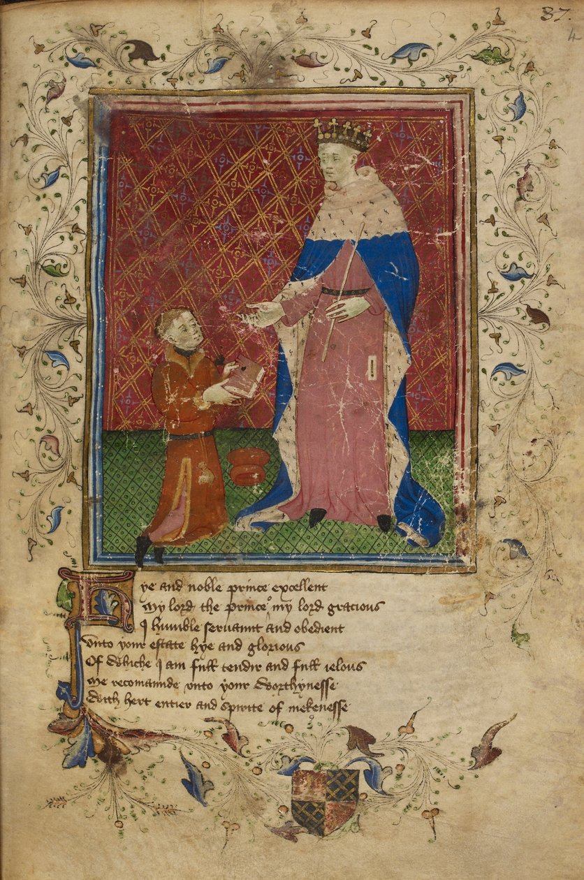 Kuninkaallinen 17 D. VI, f.40 Thomas Hoccleve polvistumassa tarjoten kirjaansa kuningas Henrik V:lle, kuvitus Thomas Hoccleven (vellum) teoksesta "The Regement of Princes" tekijältä English School
