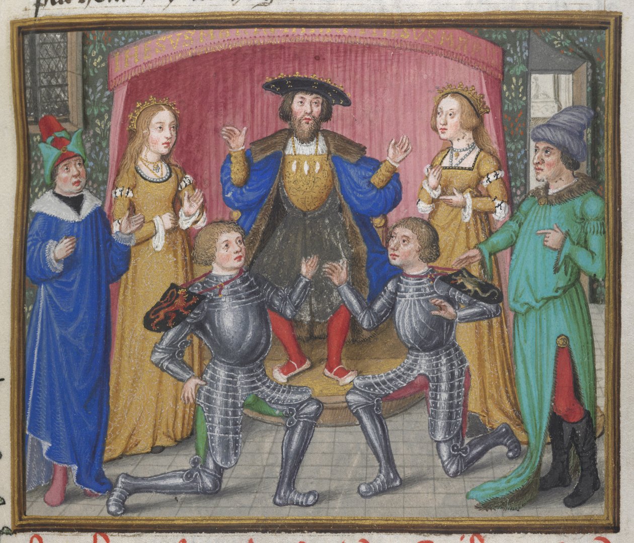 Kuninkaallinen 18 D.II, f.151 Polynices ja Tydeus sovittiin, kuva Thebesin piirityksestä, n. 1455-1462 (vellum) tekijältä English School
