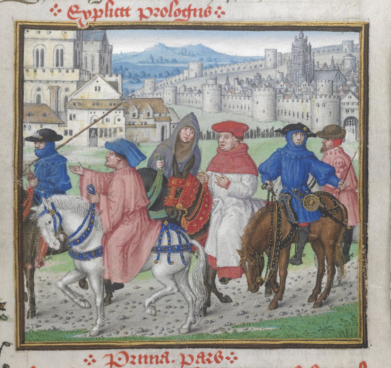Royal 18 D. II, f.148 Prologin loppu. John Lydgate ja Canterburyn pyhiinvaeltajat lähtevät Canterburystä, kuvitus teoksesta "John Lydgate, Troy Book and Siege of Thebes, William Cornishin, John Skeltonin, William Peerisin ja muiden säkeet", n. 1455-1462 (v tekijältä English School
