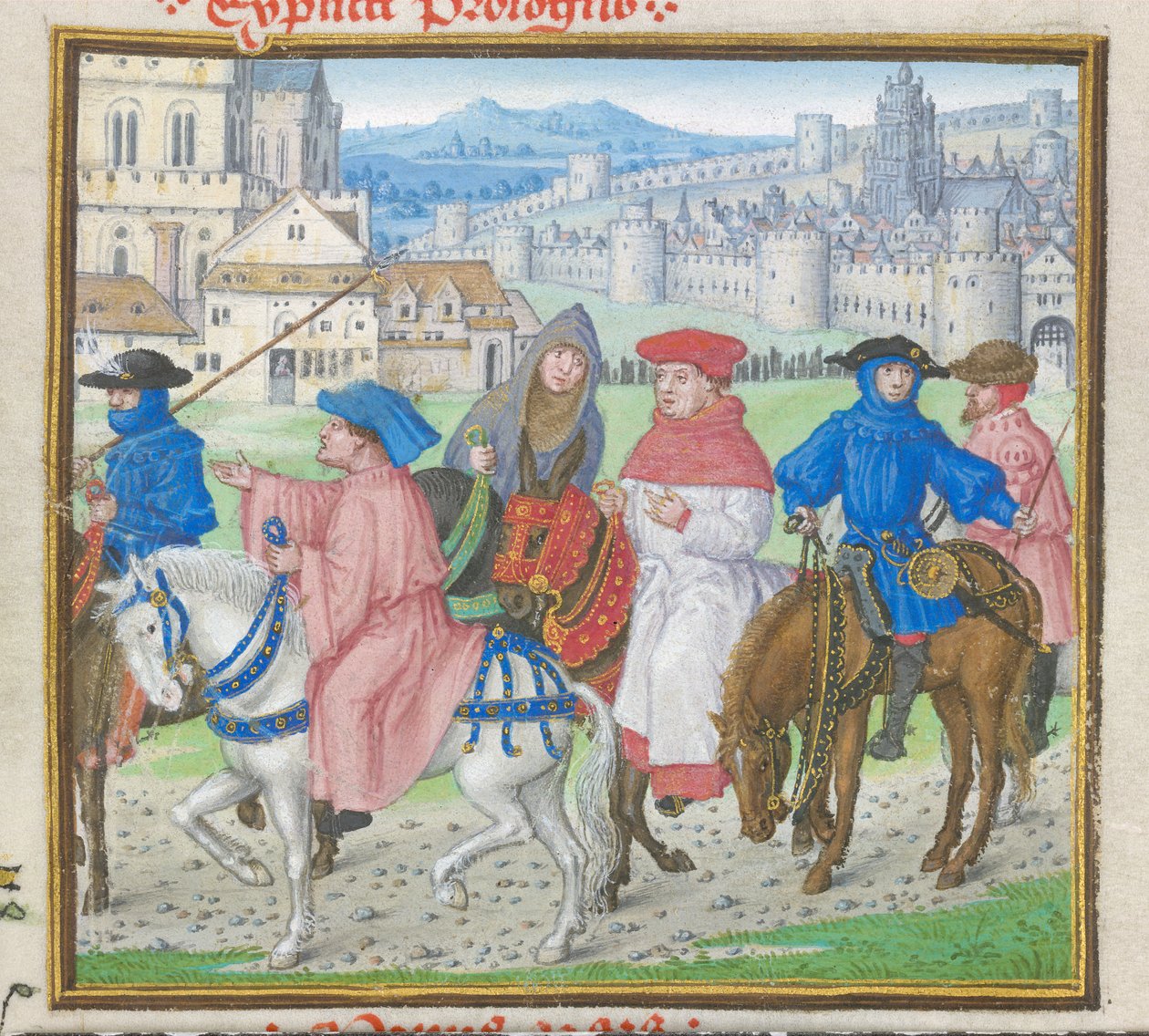 Royal 18 D II f.148 Lydgate ja Canterburyn pyhiinvaeltajat lähtevät Canterburystä John Lydgaten (n. 1370-n. 1451) "Troy Book and Thebes piiritys" 1412-22 (vellum) (yksityiskohta 8063) tekijältä English School