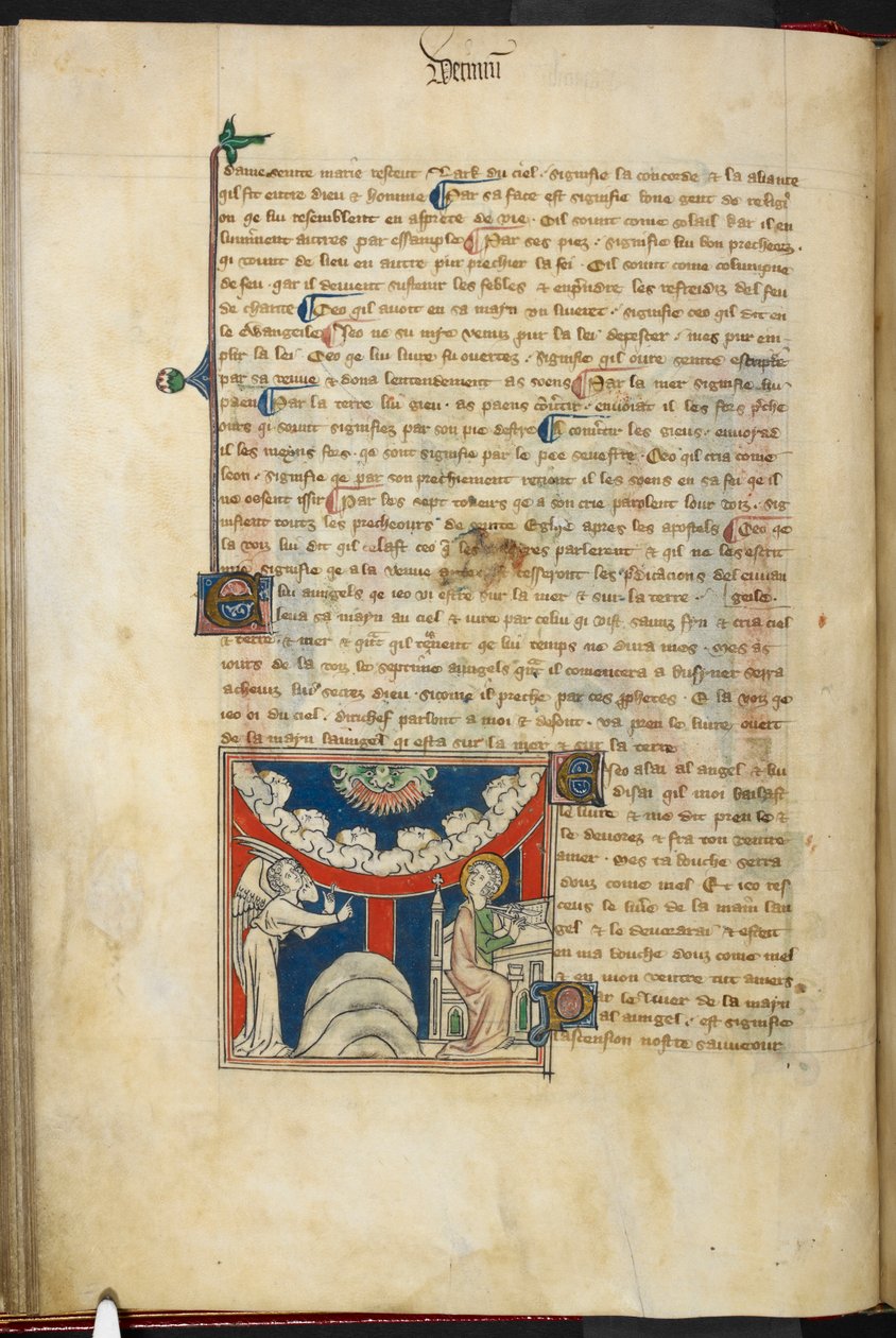 Royal 19 B.XV, f.17v Leijonan suu ja käänteisen pilven kaaressa kuusi päätä, jotka edustavat seitsemää ukkosenjylinää: alhaalla vasemmalla enkeli ja oikealla Johannes kirjoittamassa kirjaan, alkaen 