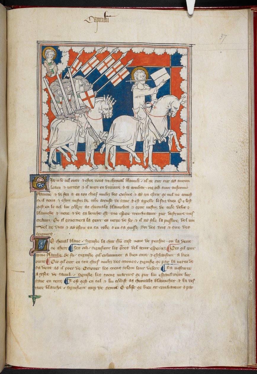 Royal 19 B.XV, f.37 Ratsastaja valkoisella hevosella ja hänen seuraajansa; John ylhäällä vasemmalla, The Queen Mary Apocalypse (mustetta, väriä ja kultaa velumilla) tekijältä English School