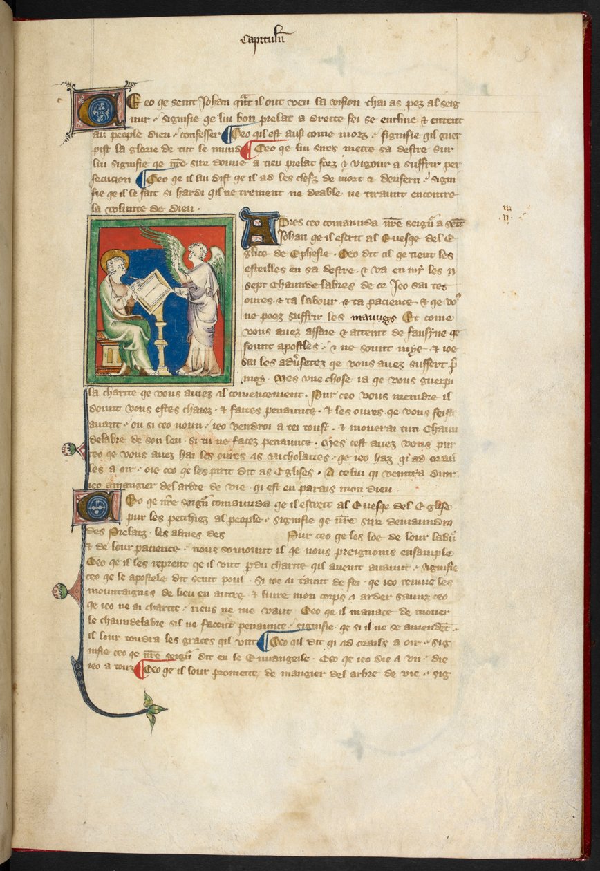 Royal 19 B.XV, f.3 John istuu, kirjoittaa; enkeli seisoo pöytänsä takana, "The Queen Mary Apocalypse", englantilainen koulu (1300-luku) tekijältä English School
