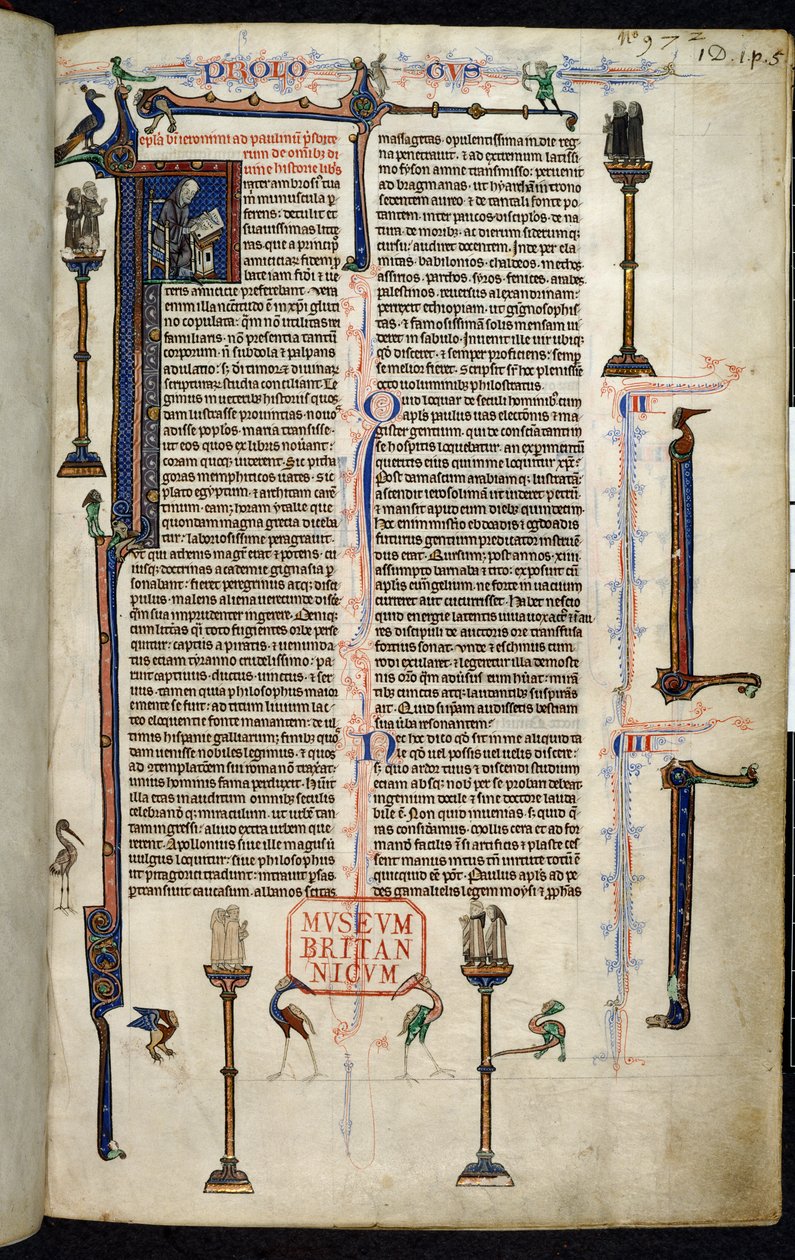 Royal 1 D I, f.1r, Jerome, veljet pylväillä, William of Devonin Raamatusta (vellum) tekijältä English School