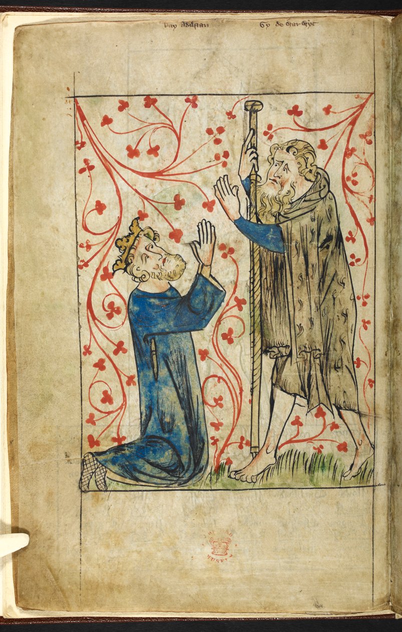 Royal 20 A.II, f.4v Athelstan Guy of Warwickin kanssa, Peter de Langtoftin (vellum) "The Chronicle of England" -sarjasta tekijältä English School