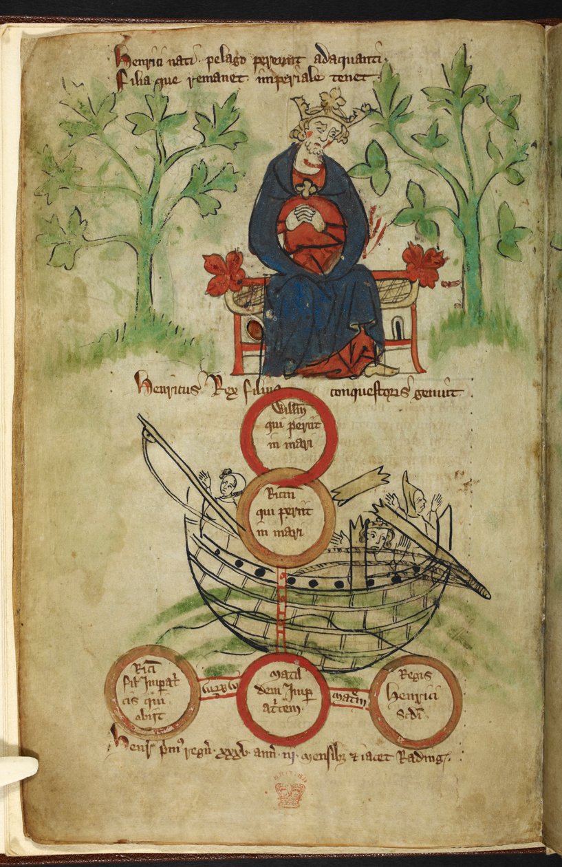 Kuninkaallinen 20 A. II, f.6v Kuningas Henrik I valtaistuimellaan, suru, kuvitus Peter de Langtoftin Englannin kronikasta, n. 1307-27 (vellum) tekijältä English School