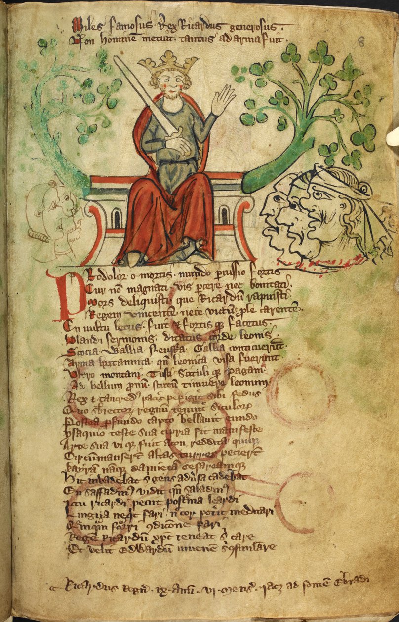 Kuninkaallinen 20 A. II f.8 Kuningas Richard I miekalla, valtaistuimellaan, kuvitus Englannin kronikasta, kirjoittanut Peter de Langtoft (vellum) tekijältä English School