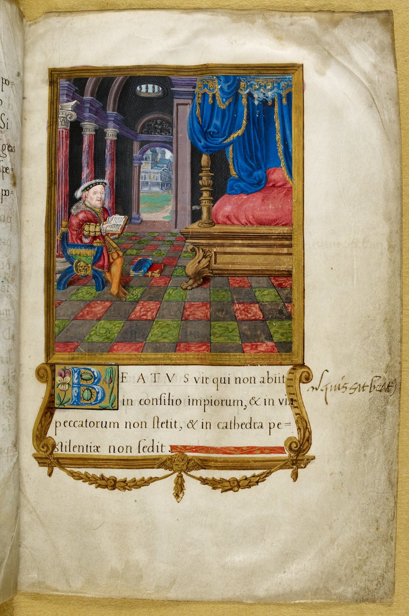 Kuninkaallinen 2 A. XVI, f.3 Kuningas Henrik VIII istuu ja lukee sänkykammiossaan kuvitusta "Henry VIII:n psalterista", Jean Mallard tekijältä English School