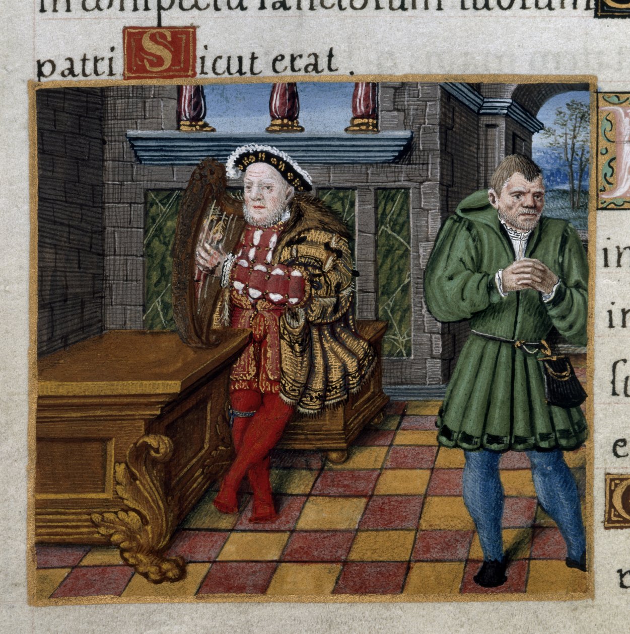 Kuninkaallinen 2 A. XVI, f.63v Henry VIII harpun kanssa ja hänen pillinsä, William Somers, Psalmi 52, Henry VIII:n psalteri tekijältä English School